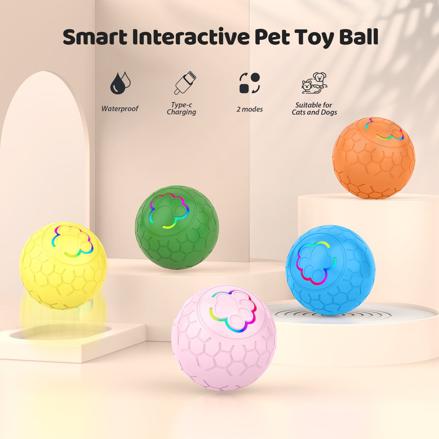 Smart interactive pet toy ball with colorful design on a light background