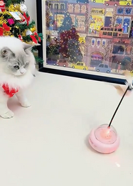 Cat sitting next to a pink UFO Cat Teaser Toy on a white surface with a Christmas-themed puzzle in the background.