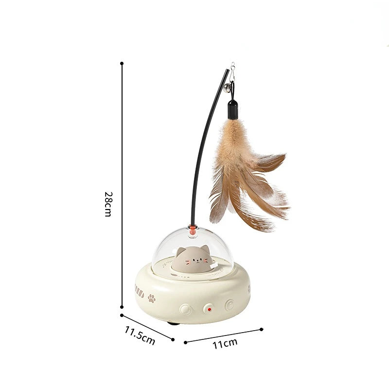 Pet toy with feather and transparent ball, showing dimensions on a white background