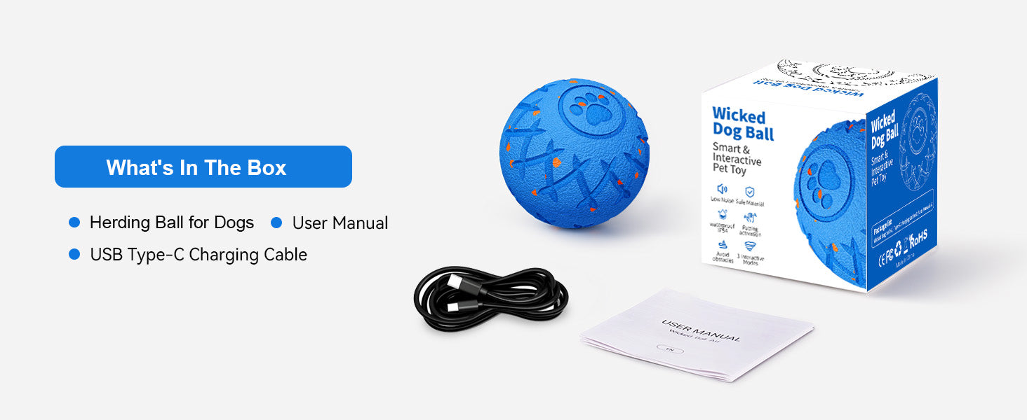 Blue Wicked Dog Ball with packaging, USB cable, and user manual on a white background